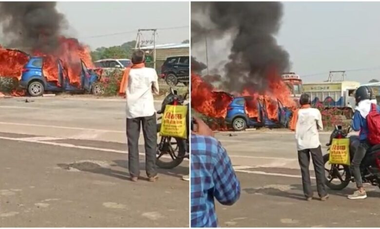 The Burning Car: Big accident…! The moving car burst into flames…the family jumped to save their lives…see VIDEO